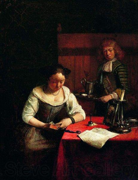 Gerard ter Borch the Younger Woman reading and a young man holding a tray. Norge oil painting art